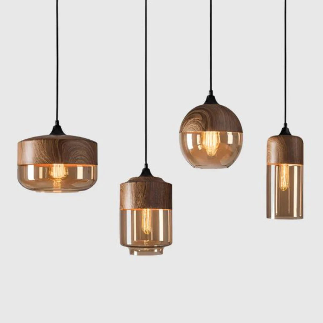 Viresta Scandinavian Pendant Lamp in Wood and Tinted Glass