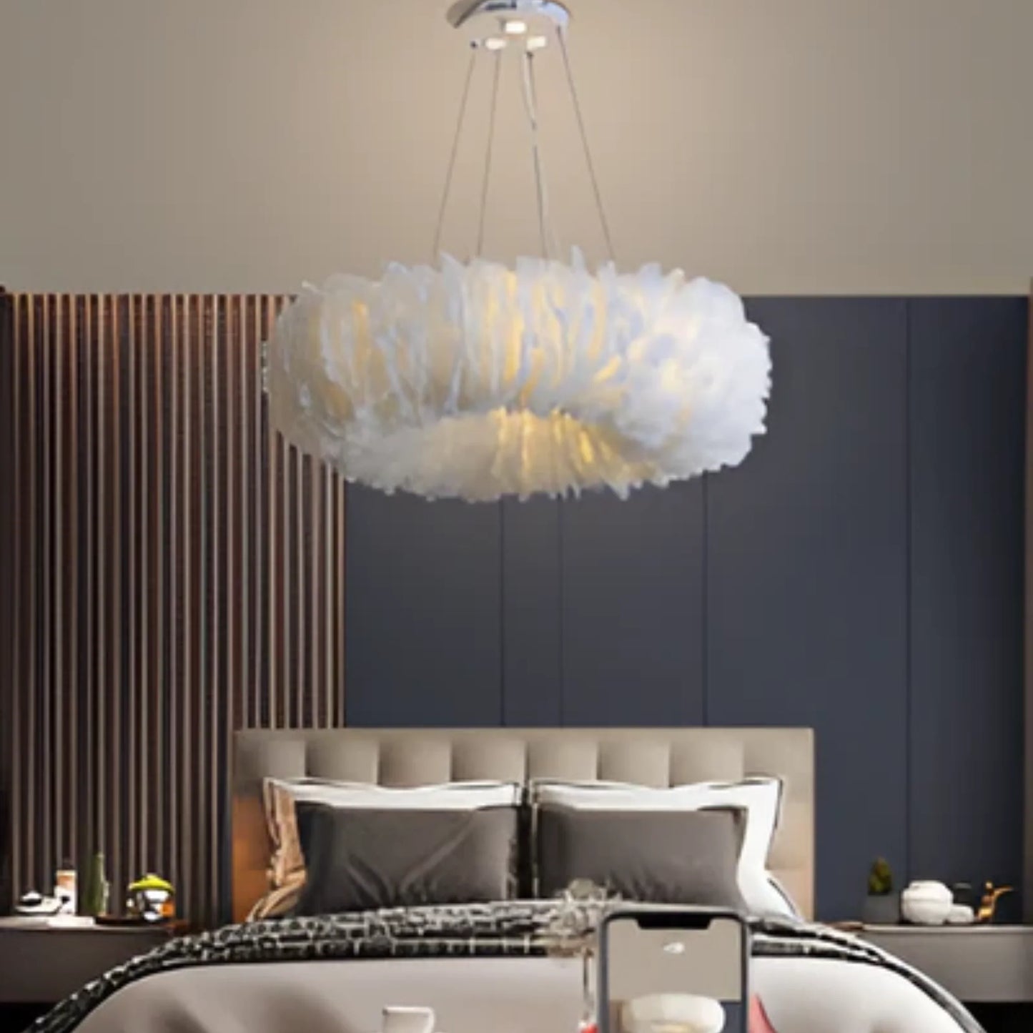 Velastrae Luxury White Hanging Lamp in Circle Shape with Feathers