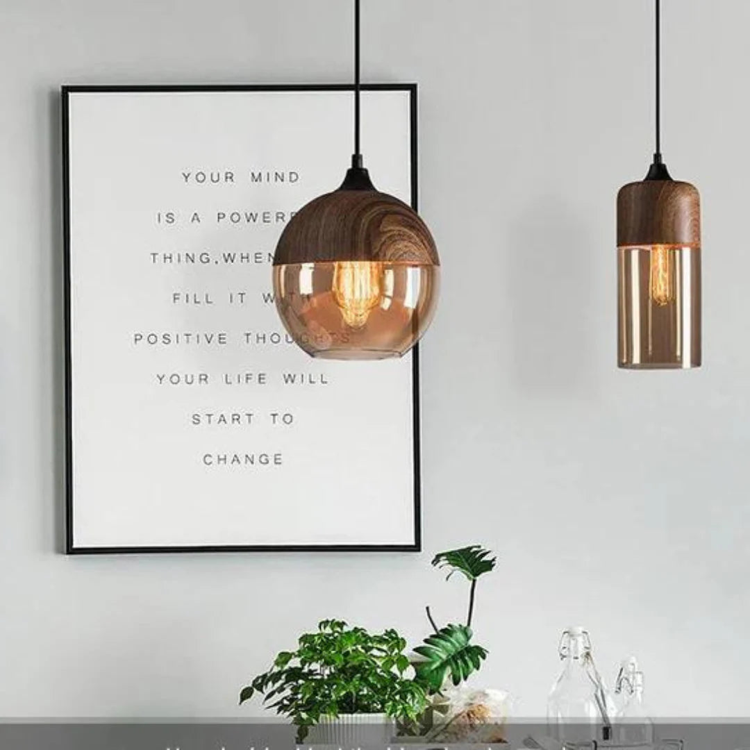 Viresta Scandinavian Pendant Lamp in Wood and Tinted Glass
