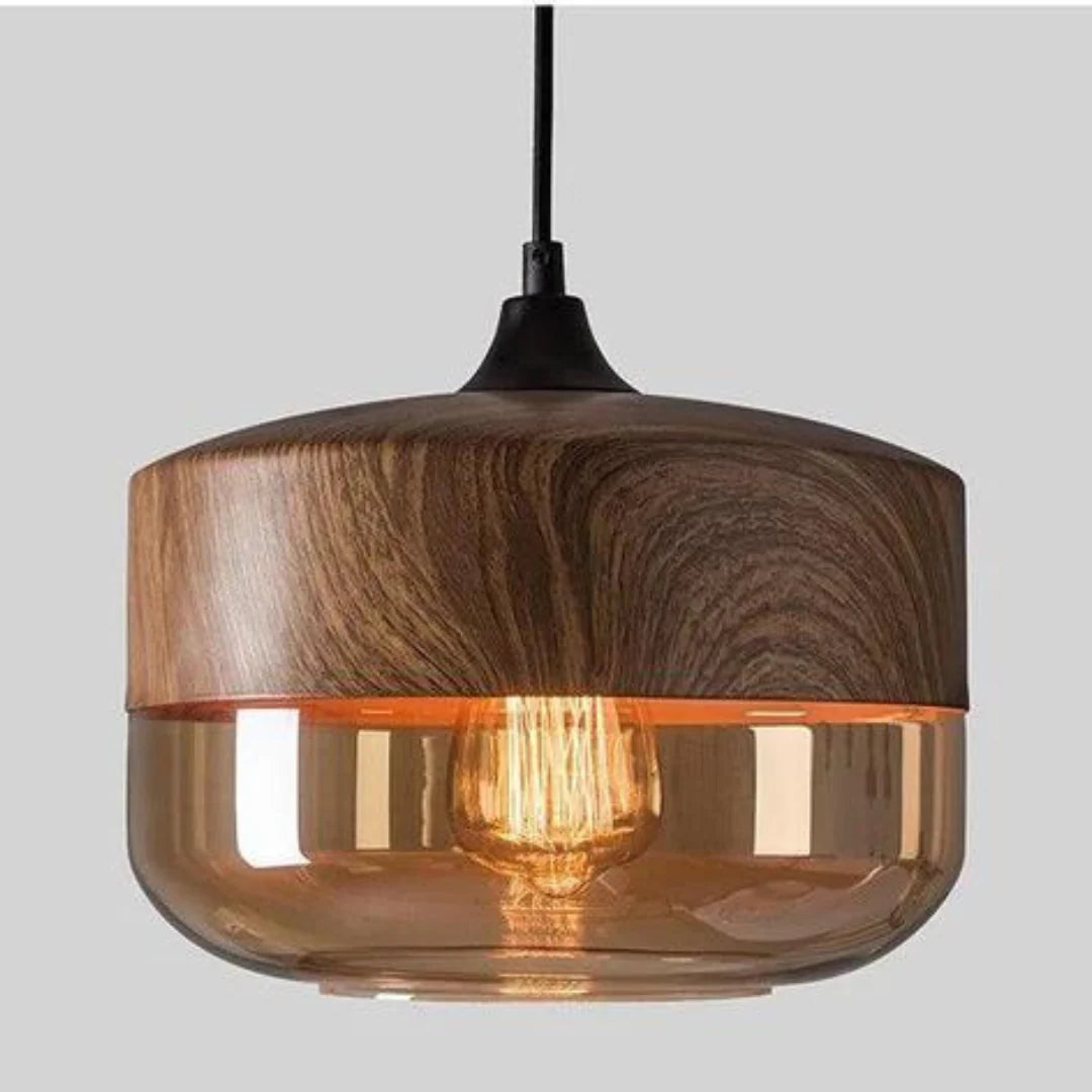 Viresta Scandinavian Pendant Lamp in Wood and Tinted Glass