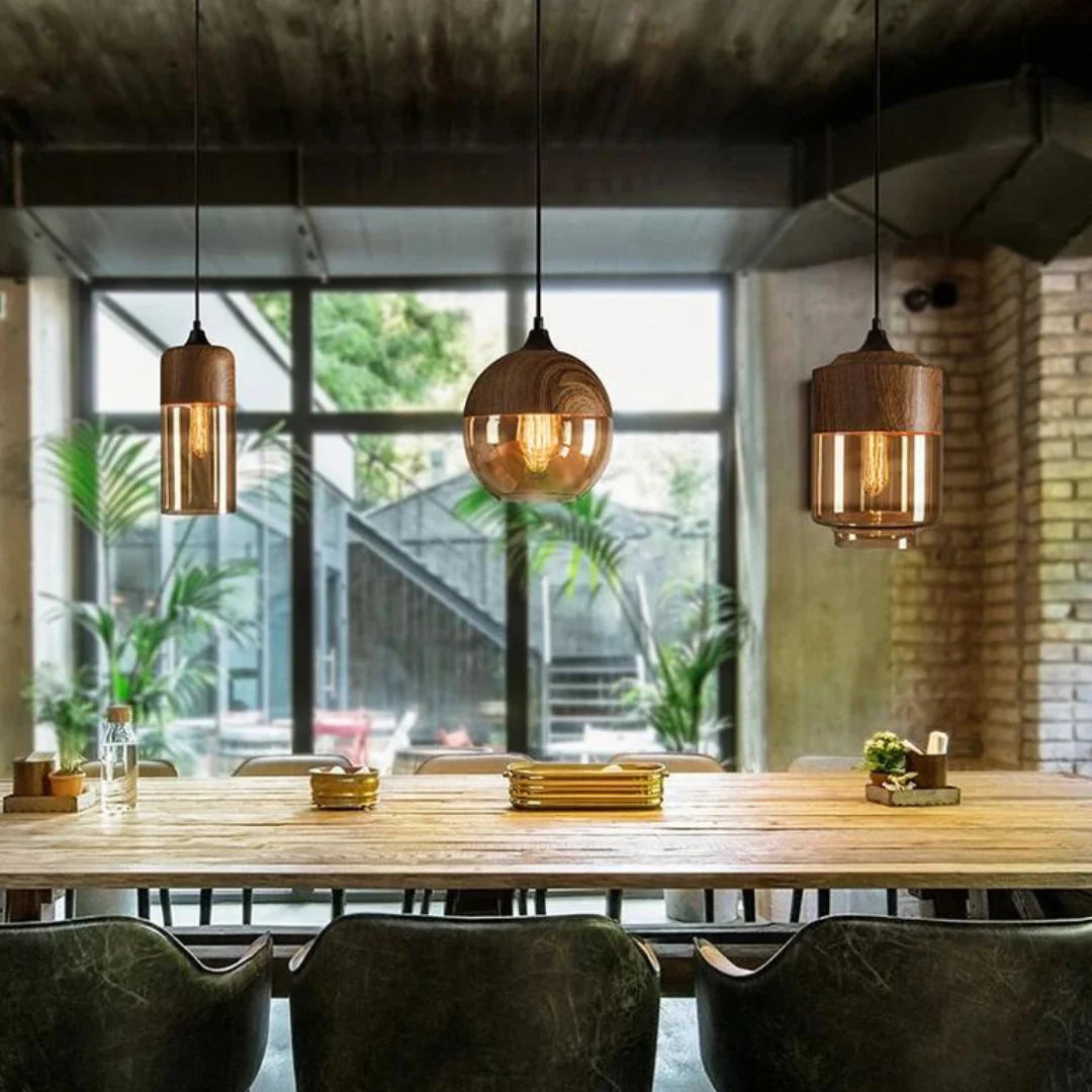 Viresta Scandinavian Pendant Lamp in Wood and Tinted Glass