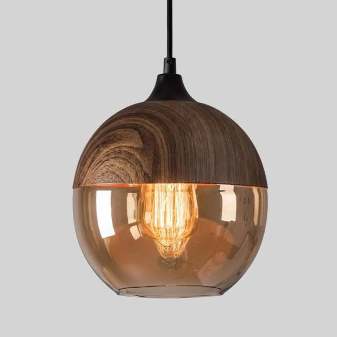 Viresta Scandinavian Pendant Lamp in Wood and Tinted Glass