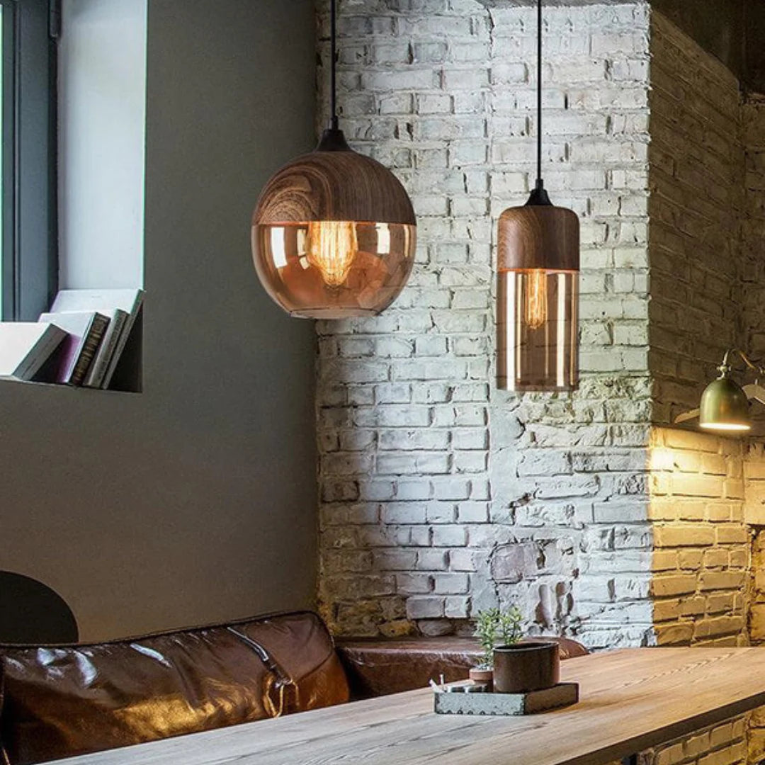 Viresta Scandinavian Pendant Lamp in Wood and Tinted Glass