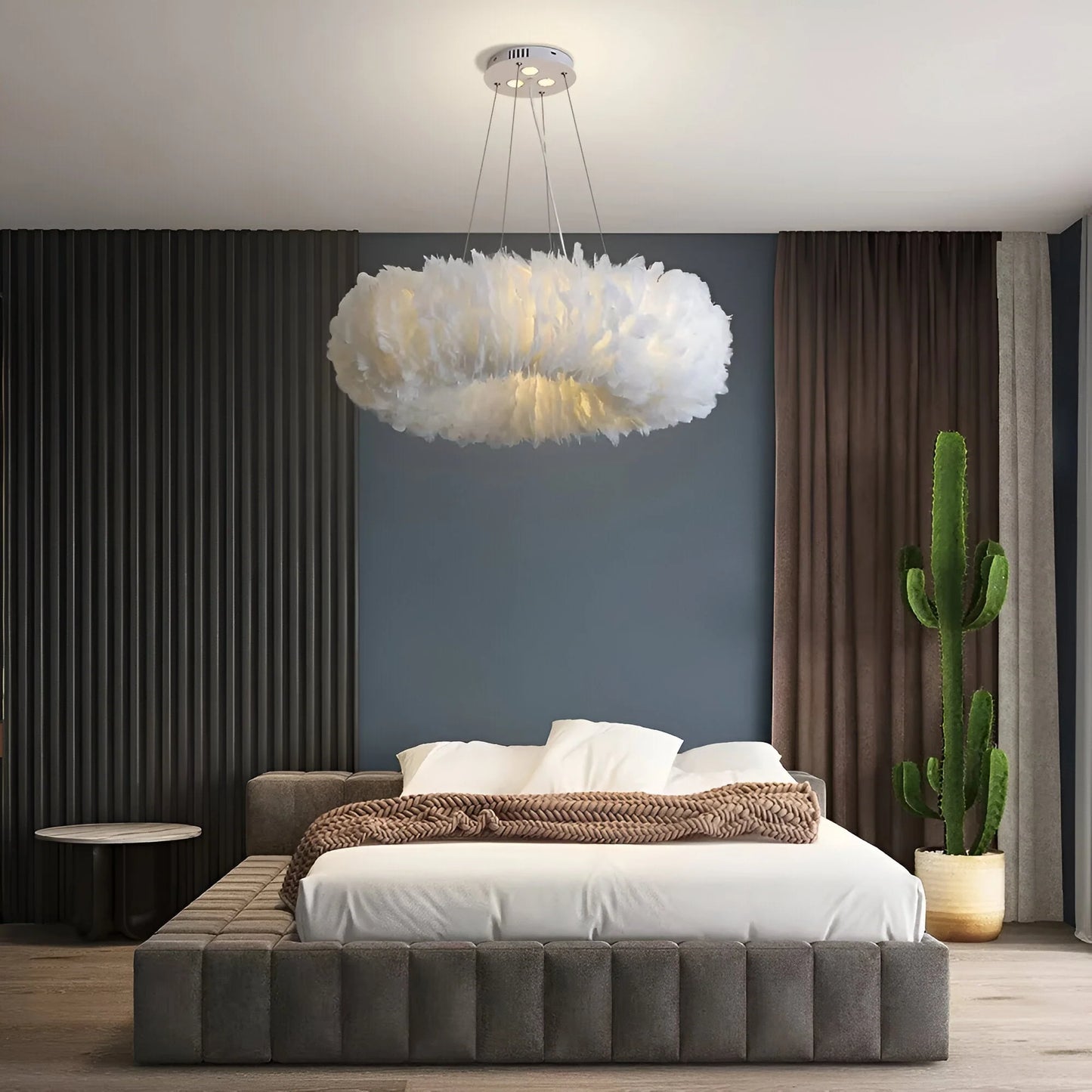 Velastrae Luxury White Hanging Lamp in Circle Shape with Feathers