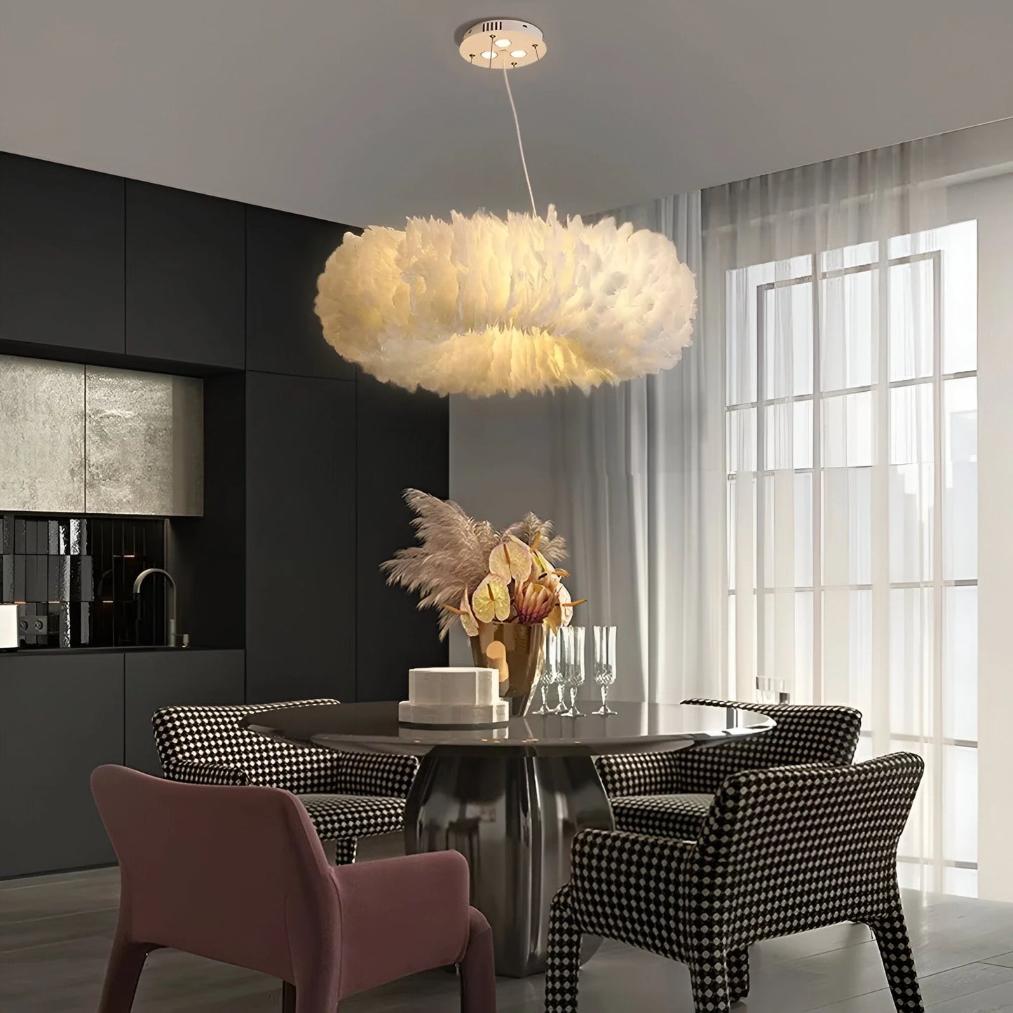 Velastrae Luxury White Hanging Lamp in Circle Shape with Feathers