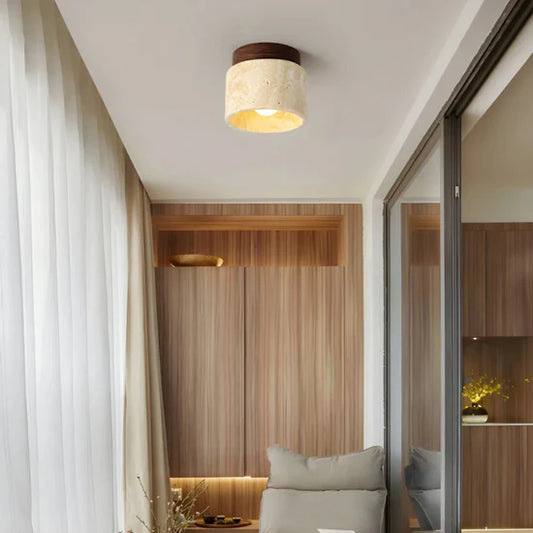 Radia Cylindrical Travertine Ceiling Lamp with Wooden Accent