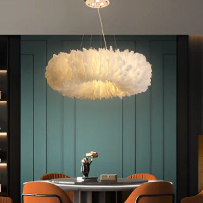 Velastrae Luxury White Hanging Lamp in Circle Shape with Feathers