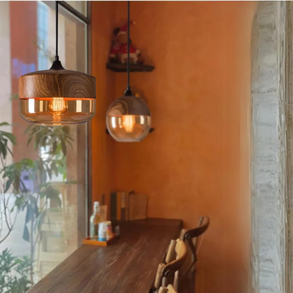 Viresta Scandinavian Pendant Lamp in Wood and Tinted Glass