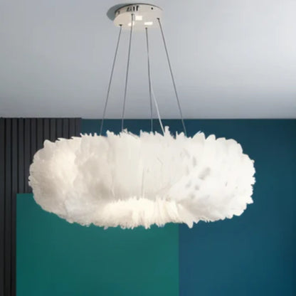 Velastrae Luxury White Hanging Lamp in Circle Shape with Feathers