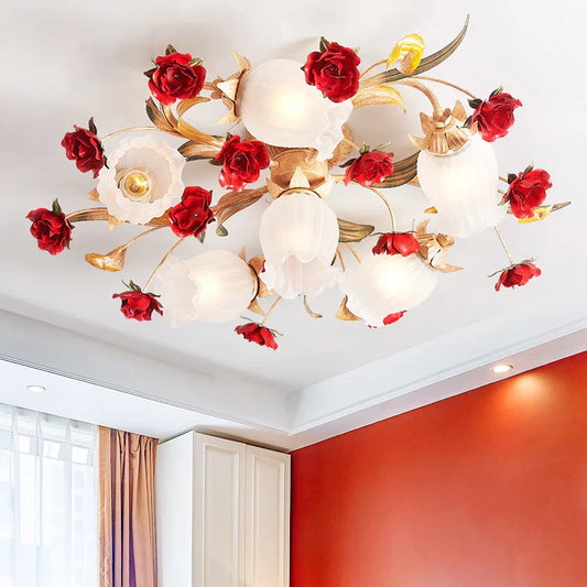 Maia Romantic Ceiling Lamp with Red Rose