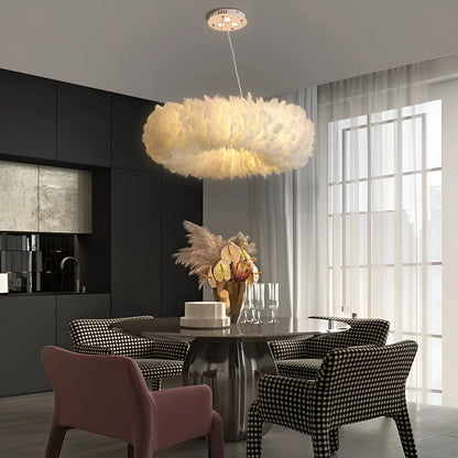 Velastrae Luxury White Hanging Lamp in Circle Shape with Feathers