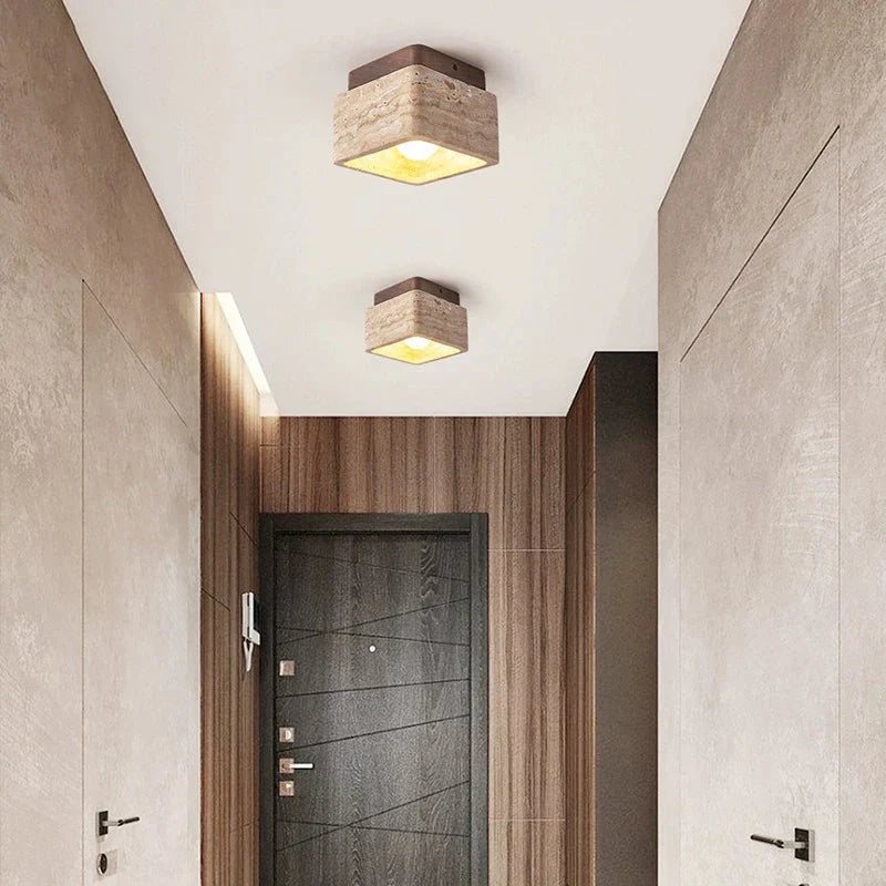 Delona Square Travertine & Wood LED Ceiling Lamp